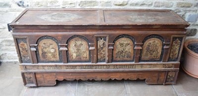 Lot 587 - A North European Pine and Polychrome Decorated Chest, early 18th century, the panelled hinged...