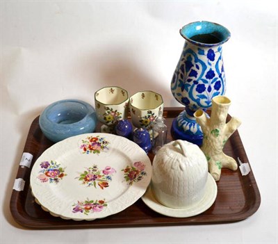 Lot 2 - An Iznik style pedestal vase; a Belleek spill vase; a Sowerby plate; Moorcroft salt and pepper...