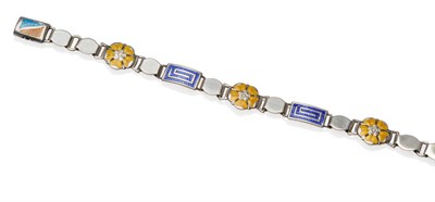 Lot 367 - A Silver Enamelled Bracelet, by James Fenton, floral motifs enamelled in yellow alternate with...