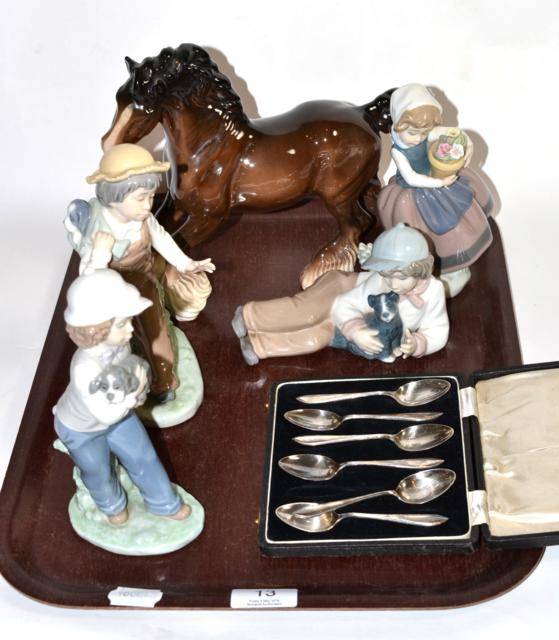 Lot 13 - A Beswick horse; a Lladro figure of a girl; three Nao examples; and a set of six silver teaspoons