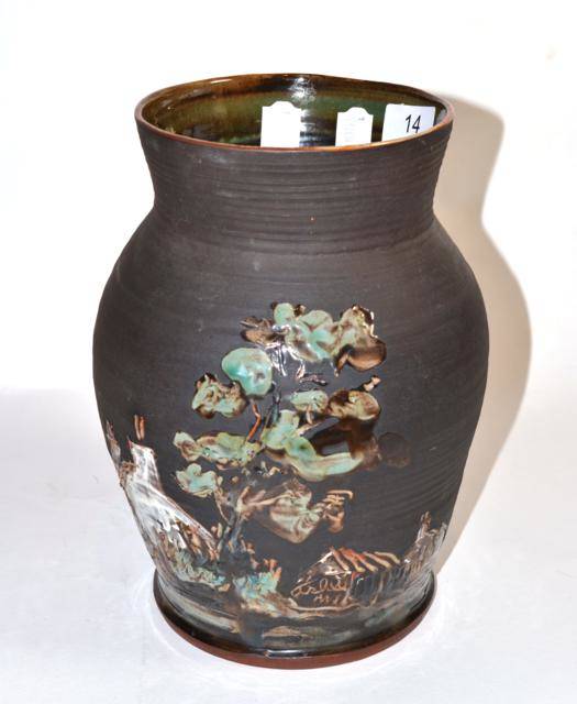 Lot 14 - Ashley Jackson (b.1940): An earthenware vase, slip decorated with a landscape, signed ANJ and dated