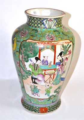 Lot 15 - A Chinese famille vert vase decorated with figures, with later qing long marks (a.f.)