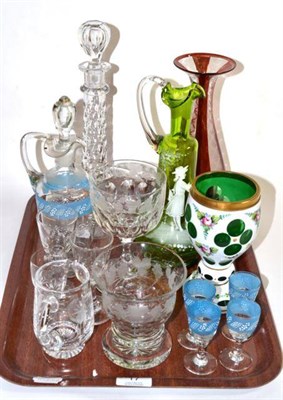Lot 17 - A Bohemian overlaid glass goblet; a Mary Gregory style ewer; various engraved and other glasses etc