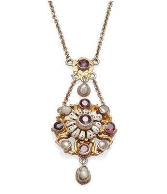 Lot 368 - An Austro-Hungarian Necklace, the pendant drop set with garnets and freshwater pearls, with...