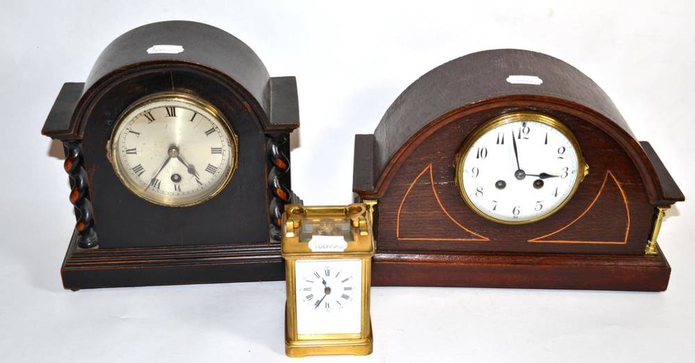 Lot 34 - A French brass cased carriage clock; and two Edwardian mantel clocks, one with French cylinder...