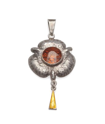 Lot 370 - A Silver Art Nouveau Pendant, the hammered trefoil shape is centred by a foil backed stone, and...