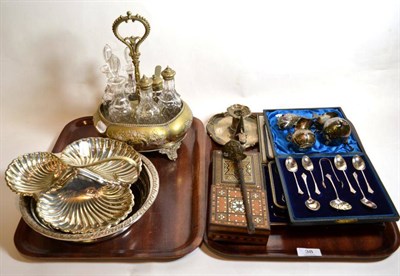 Lot 38 - A cased set of six silver teaspoons and sifter spoon; two jugs; fish condiment, plated ware etc