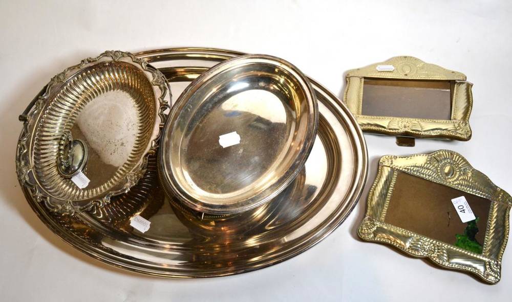 Lot 40 - A plated tray and serving dishes; together with picture frames