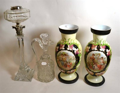 Lot 42 - A cut glass oil lamp; a pair of opaline vases; and a decanter