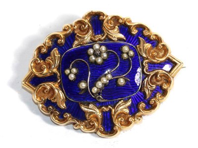 Lot 53 - A Victorian blue enamel and seed pearl mourning brooch, measures 4.75cm by 5.75