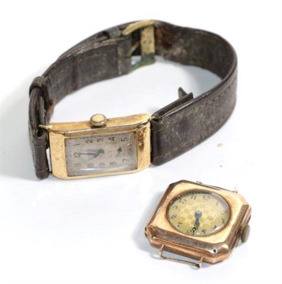 Lot 63 - A 1930's 9 carat gold wristwatch and a square shaped 9 carat gold wristwatch