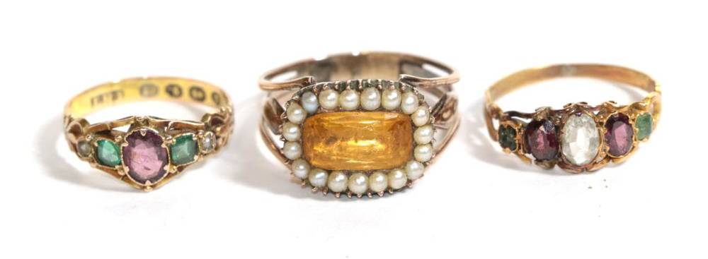 Lot 78 - Three Victorian multi-coloured gem set rings, one stamped '12', finger sizes L, M1/2 and Q1/2(3)