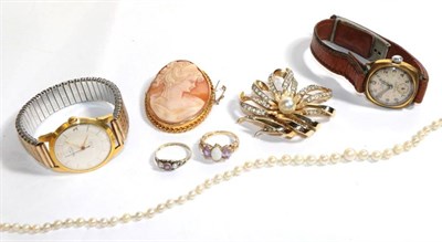 Lot 95 - A cameo brooch; two amethyst set rings; a cultured pearl necklace; a costume jewellery brooch;...