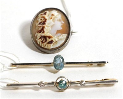 Lot 101 - An agate cameo brooch; a zircon bar brooch; and a diamond bar brooch