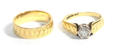 Lot 104 - An 18 carat gold diamond solitaire ring, finger size H; and an 18 carat gold patterned wedding...