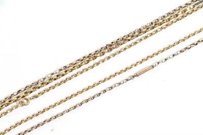 Lot 111 - A yellow metal chain with applied plaque stamped '9C', length 49cm; and two other yellow metal...