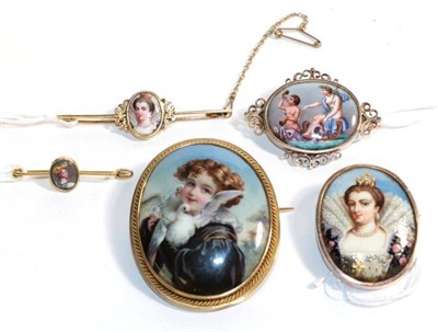 Lot 125 - A collection of five French enamel brooches including Anne of Austria, late 19th century (5)