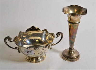 Lot 127 - A twin handled silver bowl; and a silver trumpet vase