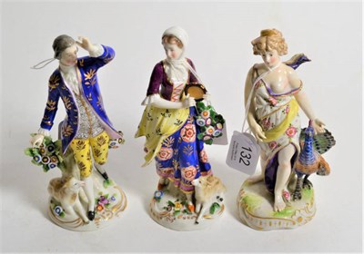 Lot 132 - A pair of porcelain figures, a lady and gentleman, bearing faux Derby marks, together with a...