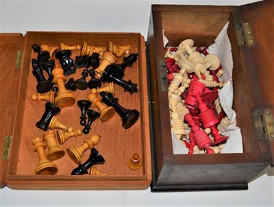 Lot 142 - A bone and stained bone chess set together with a Staunton style chess set