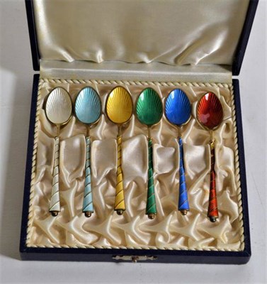 Lot 143 - A set of six silver, silver gilt and enamel coffee spoons stamped Denmark Sterling 925