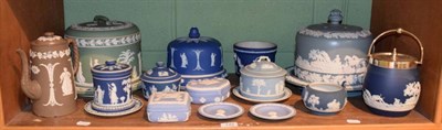 Lot 149 - A small collection of Wedgwood and other Jasperware including cheese domes, coffee pot, dishes etc