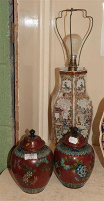 Lot 155 - A Chinese vase (drilled); and a pair of cloisonne jars and covers