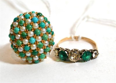 Lot 192 - A 14k gold turquoise and seed pearl cocktail ring, finger size K1/2; and a gemset ring, stamped...