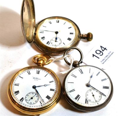 Lot 194 - Two silver pocket watches and a Waltham gold plated pocket watch (3)