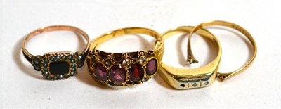 Lot 195 - Two 9 carat gold rings (a.f.); and two other rings, marks rubbed, misshapen (a.f.) (4)