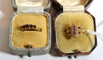 Lot 196 - A five stone garnet ring stamped '18C', misshapen; and a ruby and pearl ring, marks rubbed,...