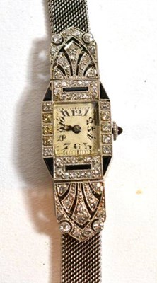 Lot 207 - An Art Deco lady's diamond and black onyx set wristwatch, lever movement with four adjustments,...