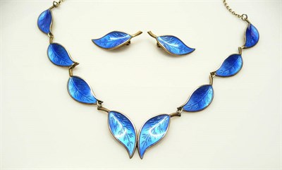 Lot 387 - A Necklace and Earring Set, by David Andersen, each with blue enamelled leaf motifs, necklace...