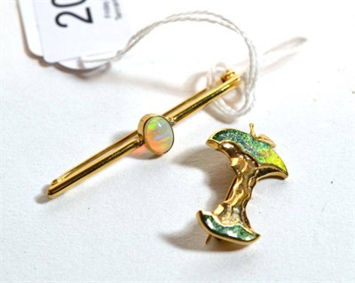 Lot 208 - A 9 carat gold opal bar brooch, length 5cm and a 9 carat gold enamelled bitten apple brooch,...