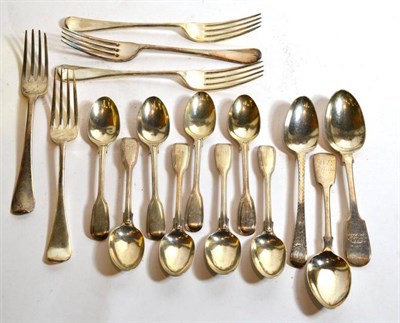 Lot 212 - Eight Victorian silver teapsoons; three silver Walker & Hall forks; and three 19th century...