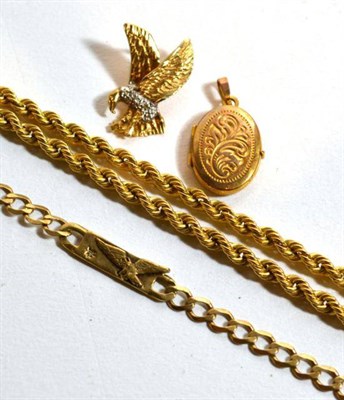 Lot 216 - A 9 carat gold locket, length 2.2cm; a bracelet stamped '9KT', length 22cm; a 9 carat gold...