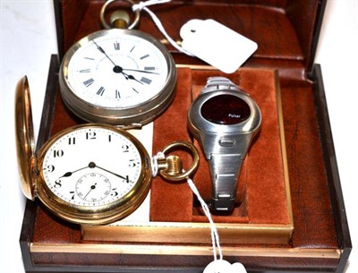 Lot 224 - A gold plated pocket watch, nickel plated pocket watch and half Pulsar wristwatch (3)