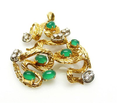 Lot 389 - An 18 Carat Gold Diamond and Chrysoprase Pendant, the textured gold set at random with pairs of...