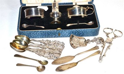 Lot 232 - A cased silver salt and pepper; six Chinese teaspoons; Georgian silver sugar tongs; caddy spoon etc