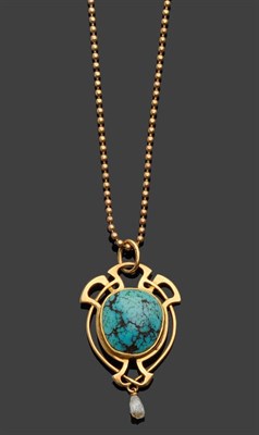 Lot 390 - An Art Nouveau Turquoise and Pearl Pendant, by Murrle Bennet, a cabochon turquoise centres an...