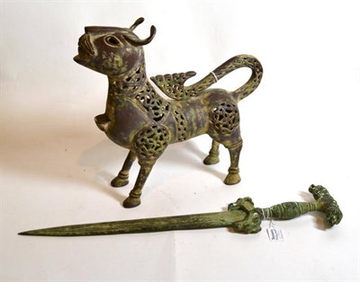 Lot 248 - A bronze gladius type sword and a bronze figural incense burner