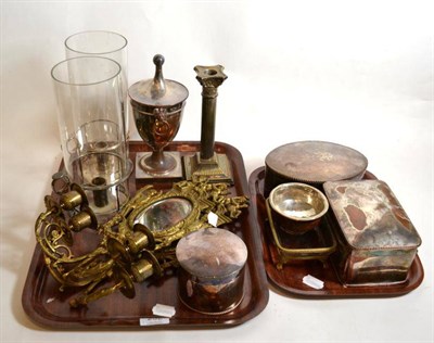 Lot 252 - Two trays including Georgian silver plated caddys, an Oriental white metal mounted turned...