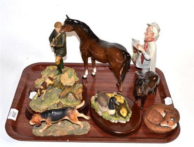 Lot 259 - Two Beswick horses and three Border Fine Arts models, a shooter and a duck group; an Aynsley...