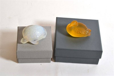 Lot 260 - A Lalique opalescent glass tortoise, 7.5cm length; and a Lalique duck, 6.5cm length, both...