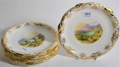 Lot 263 - A set of six Davenport Longport handpainted dessert dishes landscape vignette, gilt embellished (6)