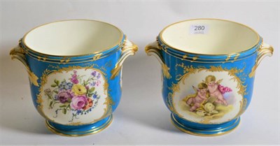 Lot 280 - A pair of Sevres style porcelain cache pots, late 19th century, with scroll handles, painted...