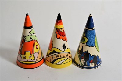 Lot 288 - Three Bizarre ware, by Clarice Cliff, for Wedgwood conical sugars, comprising 'Orange Roof...