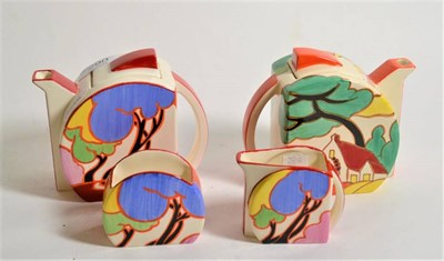 Lot 290 - A Bizarre ware, by Clarice Cliff, for Wedgwood three piece Stamford 'Blue Autumn' teaset,...