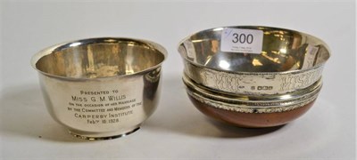 Lot 300 - A silver mounted turned wood mazer bowl, Thomas Bradbury & Son, Sheffield 1923, inscribed to...