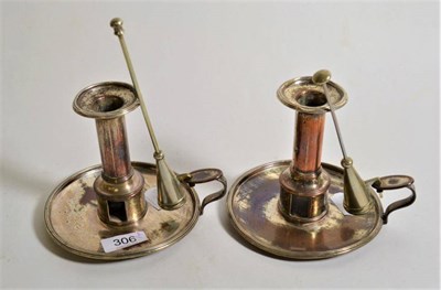 Lot 306 - A pair of Sheffield silver plate chamber sticks by Matthew Boulton with associated snuffers, 12.5cm